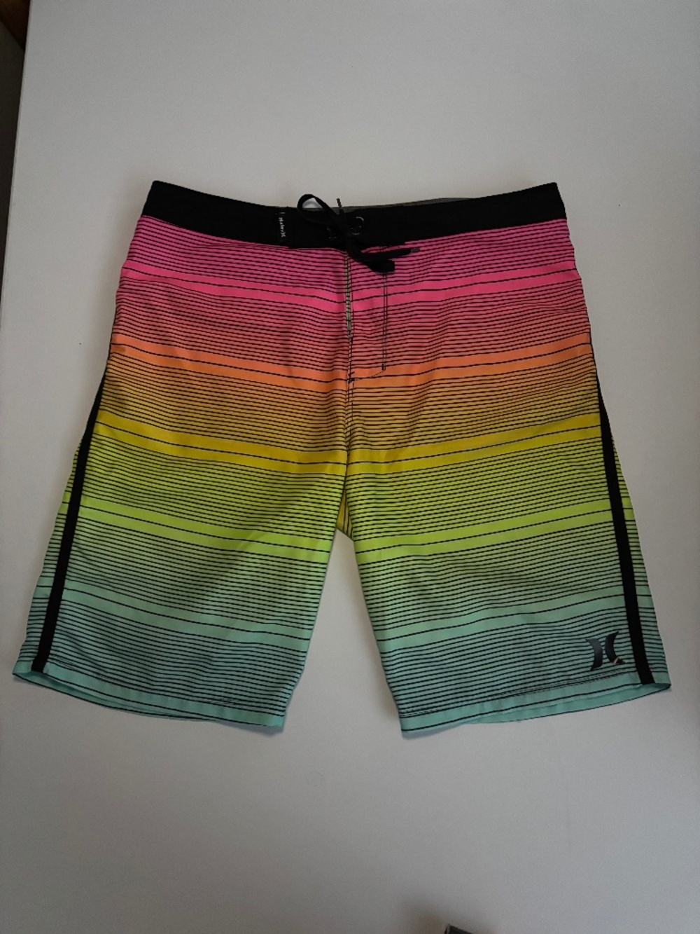 Hurley Board Shorts Rainbow Black Stripes Boys Size 18/29 Tie Front Swim Trunks